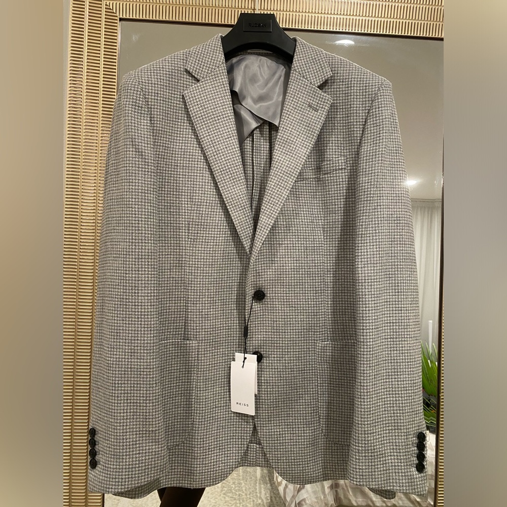Reiss Men’s Single Breasted Check Blazer Size 40 Soft Grey